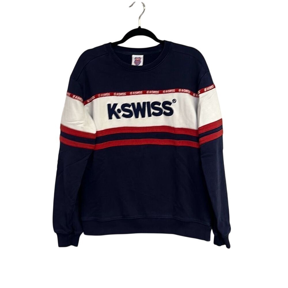 Y2K K-SWISS Mens Navy Colorblock Cotton Crew Neck Pullover‎ Sweatshirt Medium